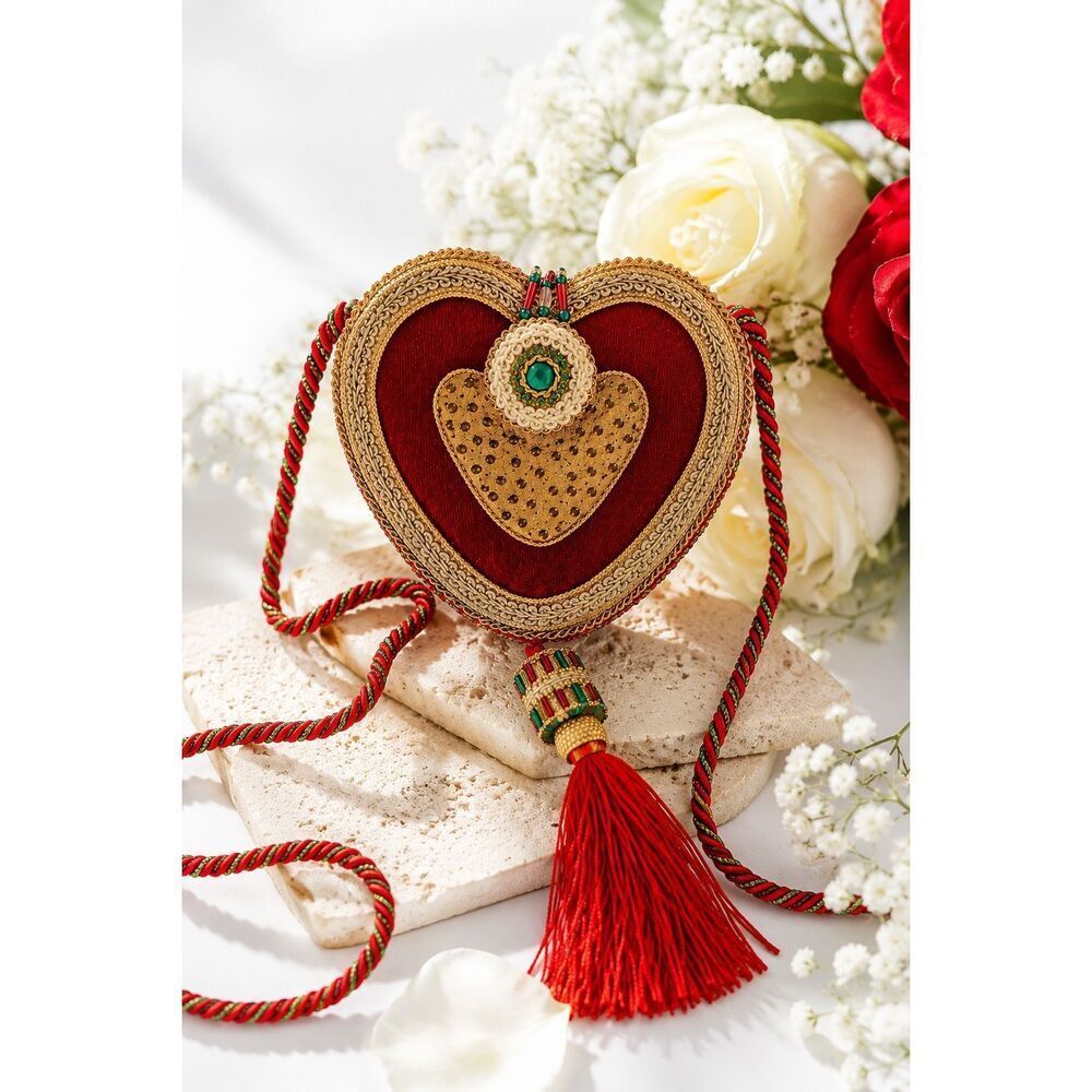 Rare Retired Mary Frances Red Velvet Heart Crossbody Bag Beaded Tassel Vintage